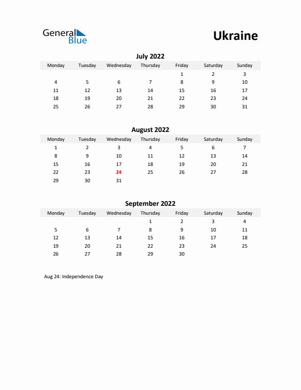 Printable Quarterly Calendar with Notes and Ukraine Holidays- Q3 of 2022