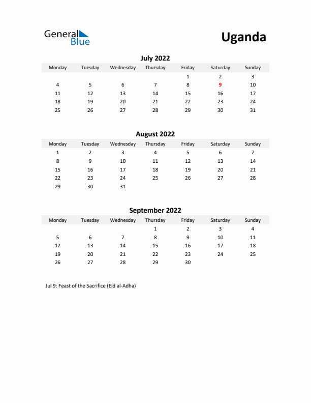 Printable Quarterly Calendar with Notes and Uganda Holidays- Q3 of 2022