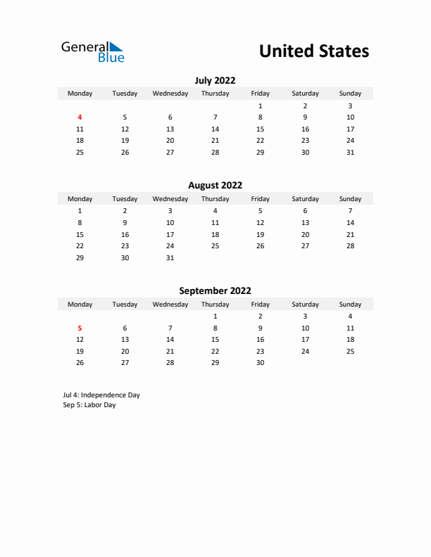 Printable Quarterly Calendar with Notes and United States Holidays- Q3 of 2022