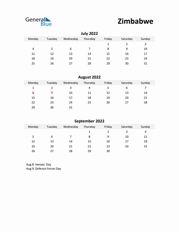 Printable Quarterly Calendar with Notes and Zimbabwe Holidays- Q3 of 2022