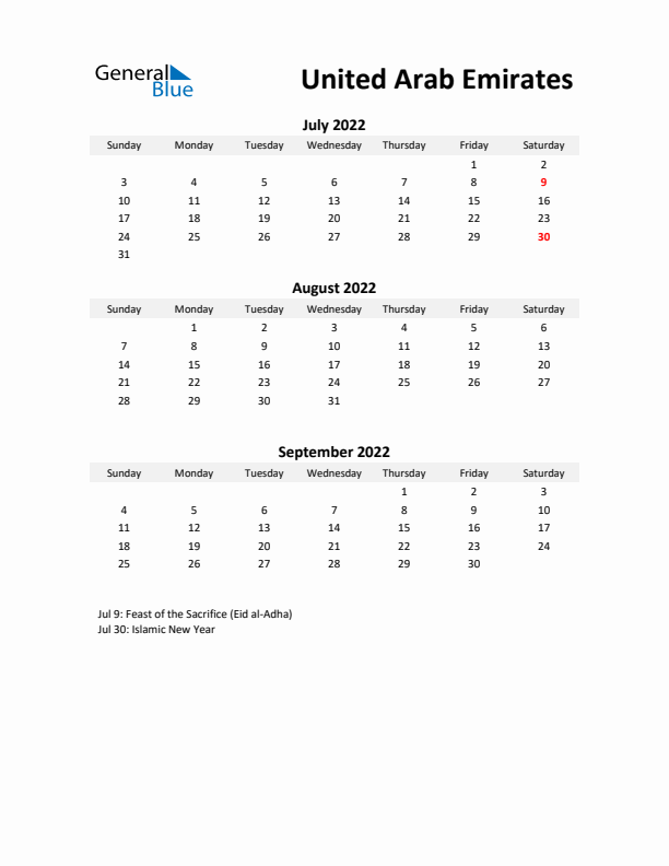 Printable Quarterly Calendar with Notes and United Arab Emirates Holidays- Q3 of 2022