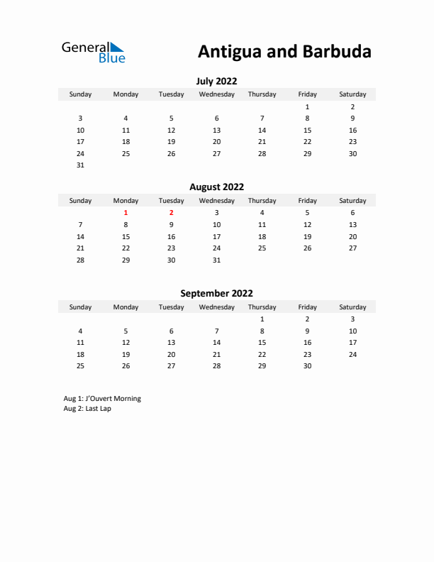 Printable Quarterly Calendar with Notes and Antigua and Barbuda Holidays- Q3 of 2022