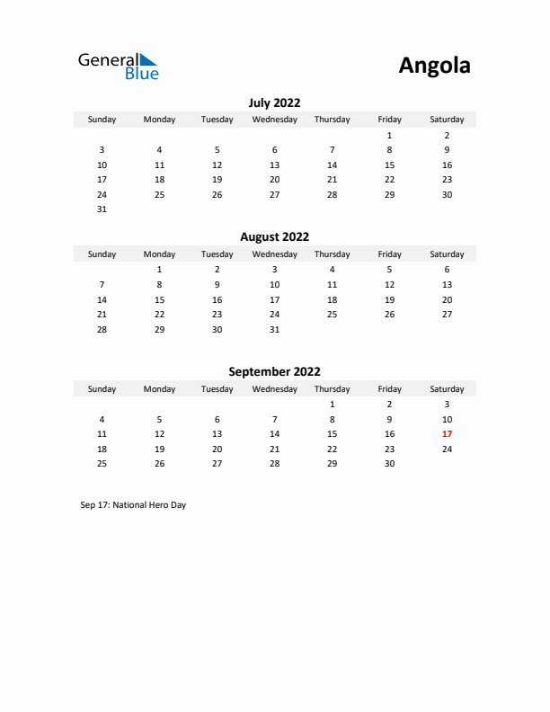 Printable Quarterly Calendar with Notes and Angola Holidays- Q3 of 2022