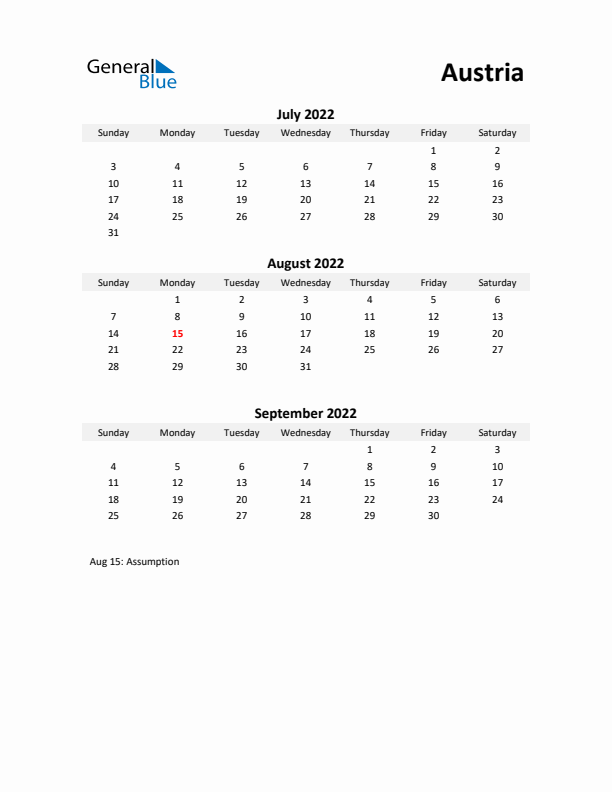 Printable Quarterly Calendar with Notes and Austria Holidays- Q3 of 2022