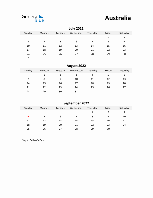 Printable Quarterly Calendar with Notes and Australia Holidays- Q3 of 2022