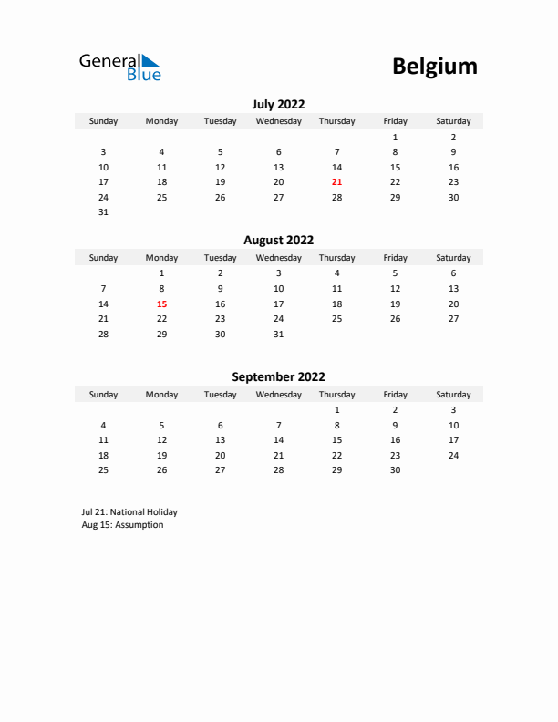 Printable Quarterly Calendar with Notes and Belgium Holidays- Q3 of 2022