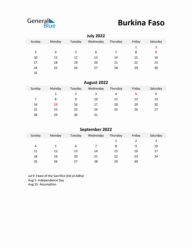 Printable Quarterly Calendar with Notes and Burkina Faso Holidays- Q3 of 2022