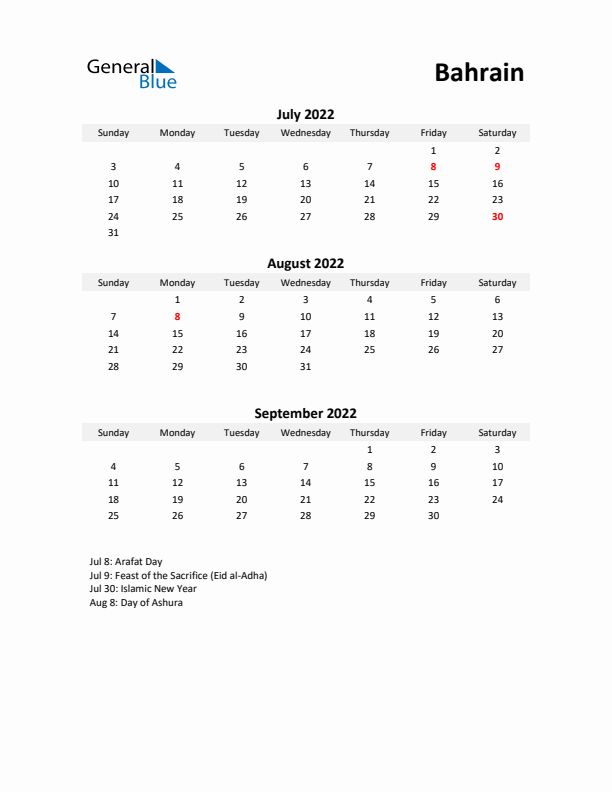 Printable Quarterly Calendar with Notes and Bahrain Holidays- Q3 of 2022