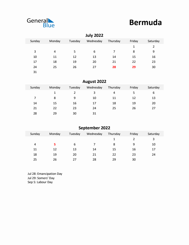 Printable Quarterly Calendar with Notes and Bermuda Holidays- Q3 of 2022