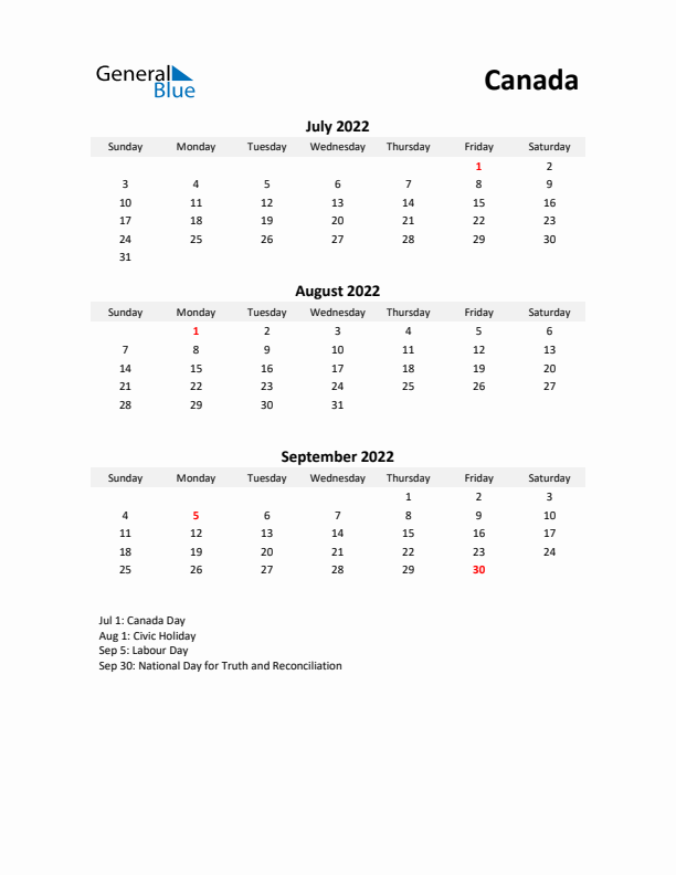 Printable Quarterly Calendar with Notes and Canada Holidays- Q3 of 2022