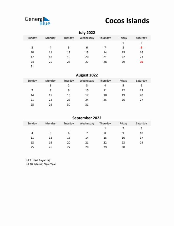 Printable Quarterly Calendar with Notes and Cocos Islands Holidays- Q3 of 2022