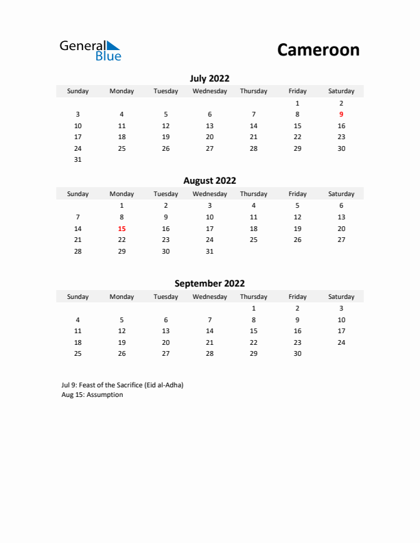 Printable Quarterly Calendar with Notes and Cameroon Holidays- Q3 of 2022