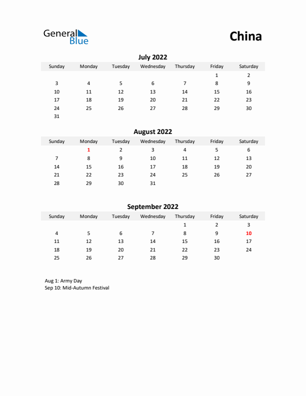 Printable Quarterly Calendar with Notes and China Holidays- Q3 of 2022