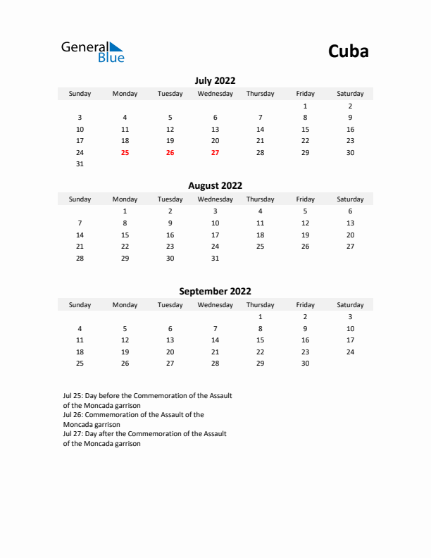 Printable Quarterly Calendar with Notes and Cuba Holidays- Q3 of 2022