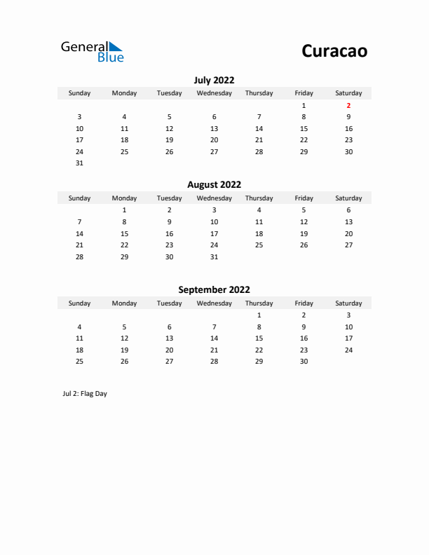 Printable Quarterly Calendar with Notes and Curacao Holidays- Q3 of 2022