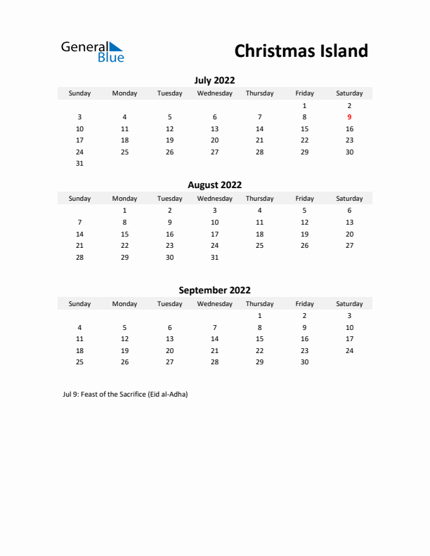 Printable Quarterly Calendar with Notes and Christmas Island Holidays- Q3 of 2022