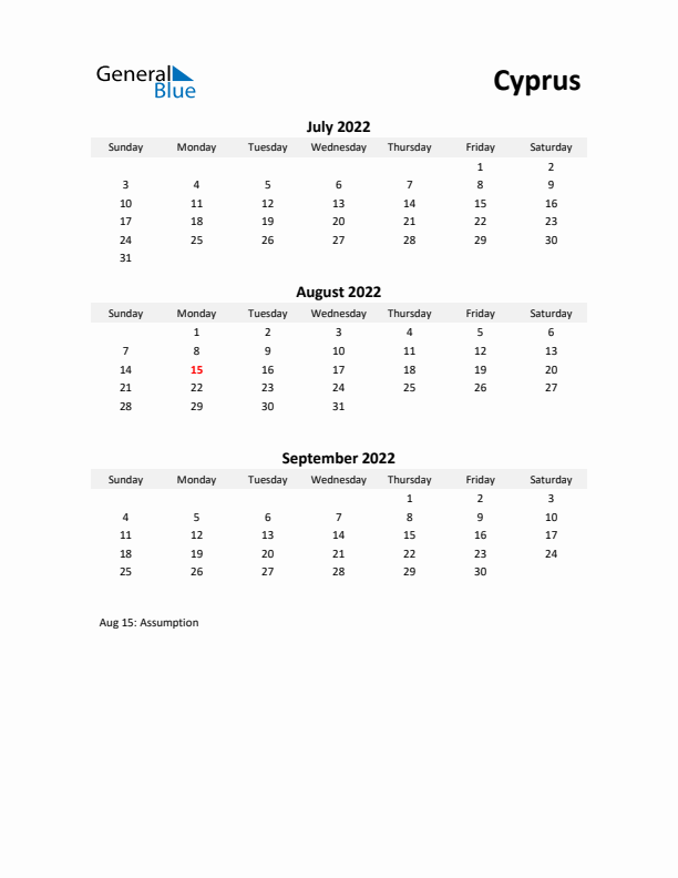 Printable Quarterly Calendar with Notes and Cyprus Holidays- Q3 of 2022