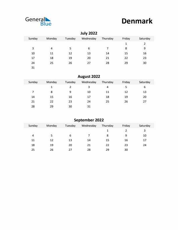 Printable Quarterly Calendar with Notes and Denmark Holidays- Q3 of 2022