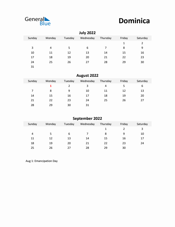 Printable Quarterly Calendar with Notes and Dominica Holidays- Q3 of 2022