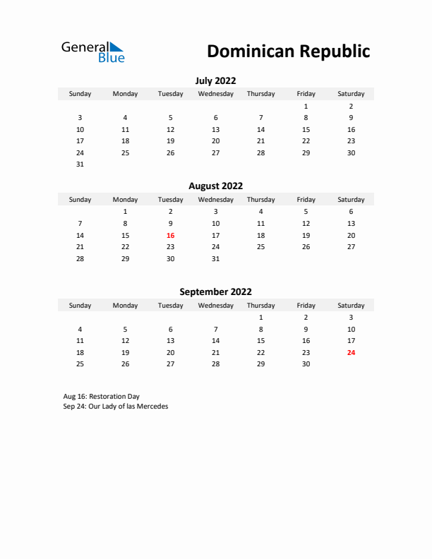 Printable Quarterly Calendar with Notes and Dominican Republic Holidays- Q3 of 2022