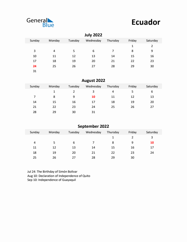 Printable Quarterly Calendar with Notes and Ecuador Holidays- Q3 of 2022