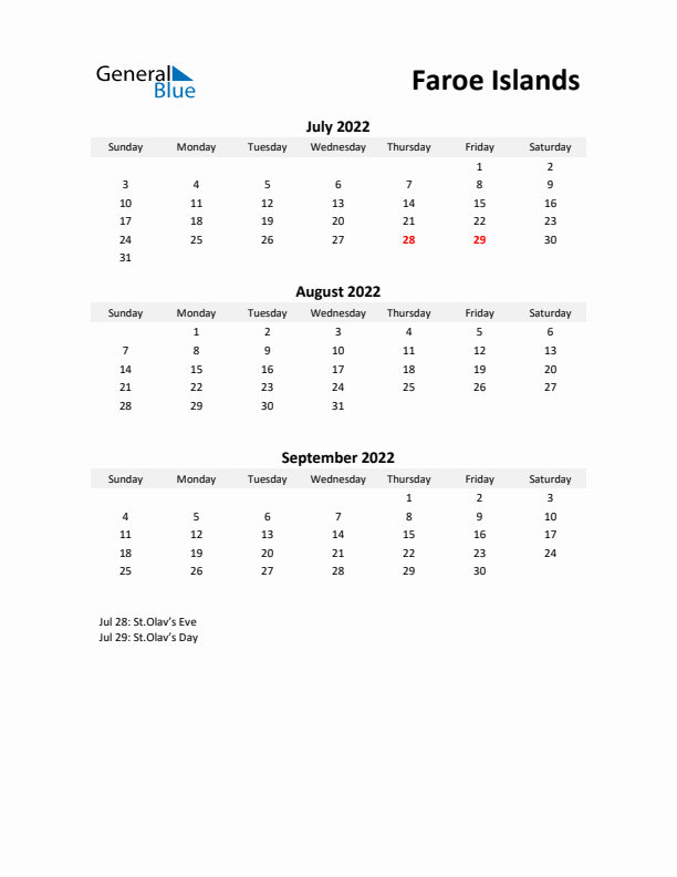 Printable Quarterly Calendar with Notes and Faroe Islands Holidays- Q3 of 2022