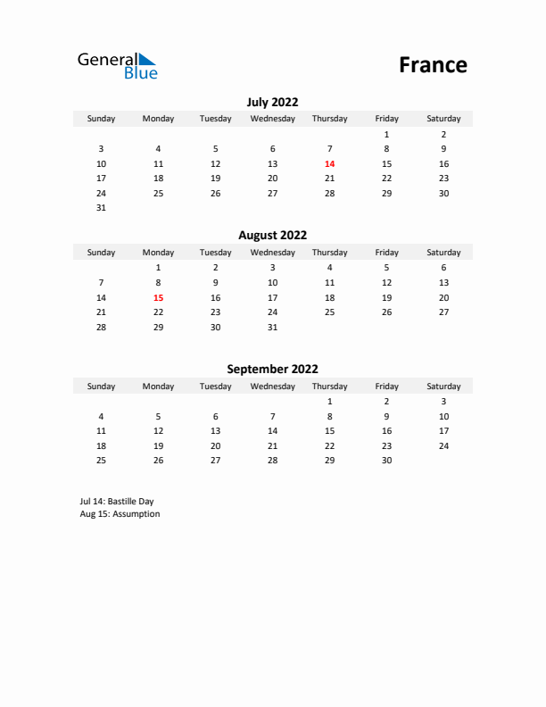 Printable Quarterly Calendar with Notes and France Holidays- Q3 of 2022