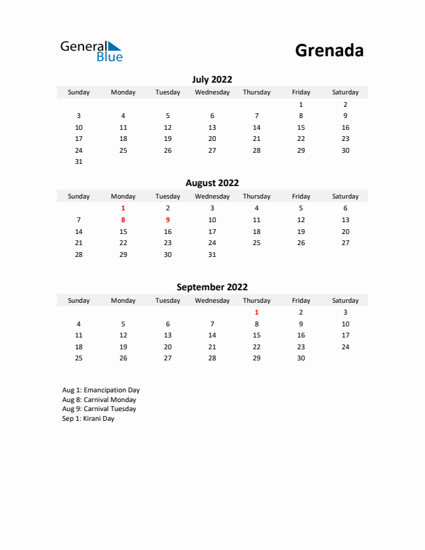 Printable Quarterly Calendar with Notes and Grenada Holidays- Q3 of 2022