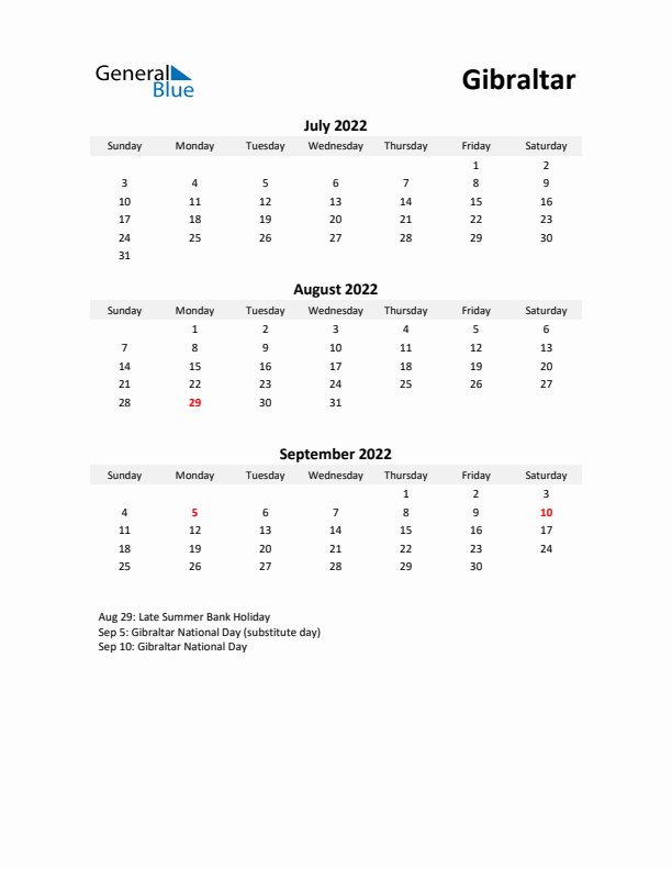 Printable Quarterly Calendar with Notes and Gibraltar Holidays- Q3 of 2022