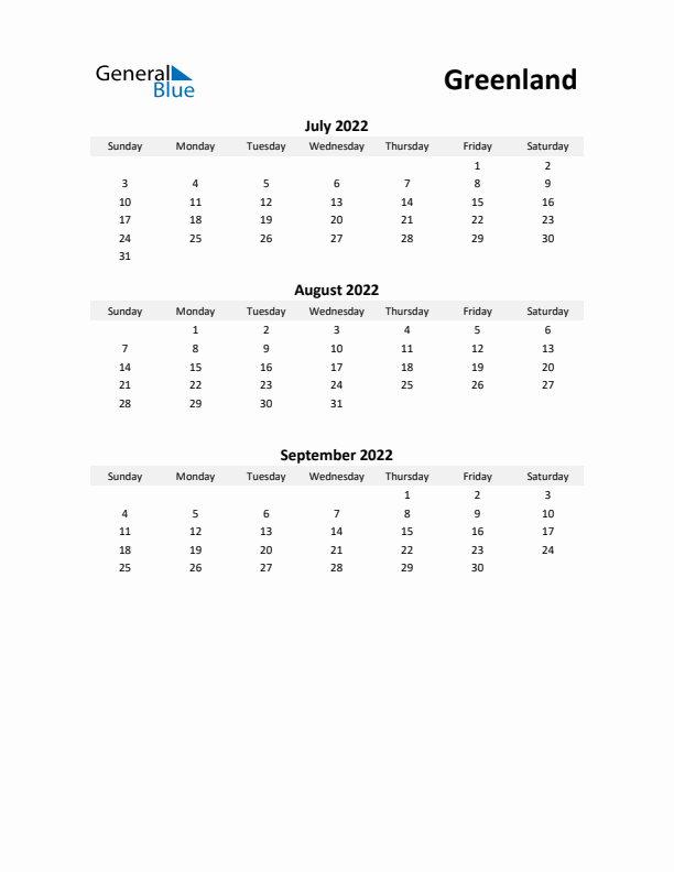 Printable Quarterly Calendar with Notes and Greenland Holidays- Q3 of 2022