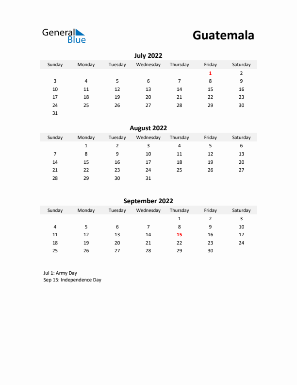 Printable Quarterly Calendar with Notes and Guatemala Holidays- Q3 of 2022