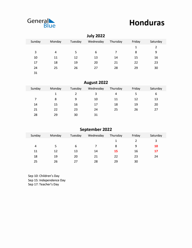 Printable Quarterly Calendar with Notes and Honduras Holidays- Q3 of 2022