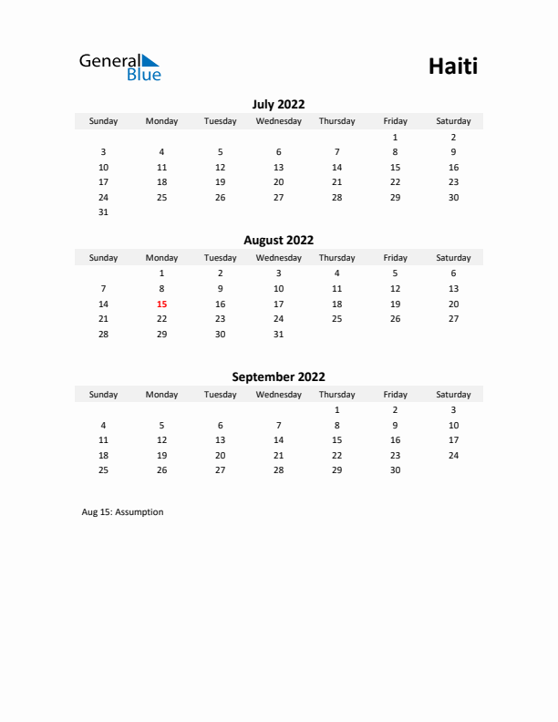 Printable Quarterly Calendar with Notes and Haiti Holidays- Q3 of 2022