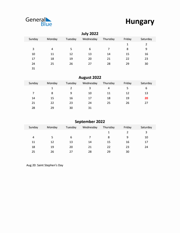 Printable Quarterly Calendar with Notes and Hungary Holidays- Q3 of 2022