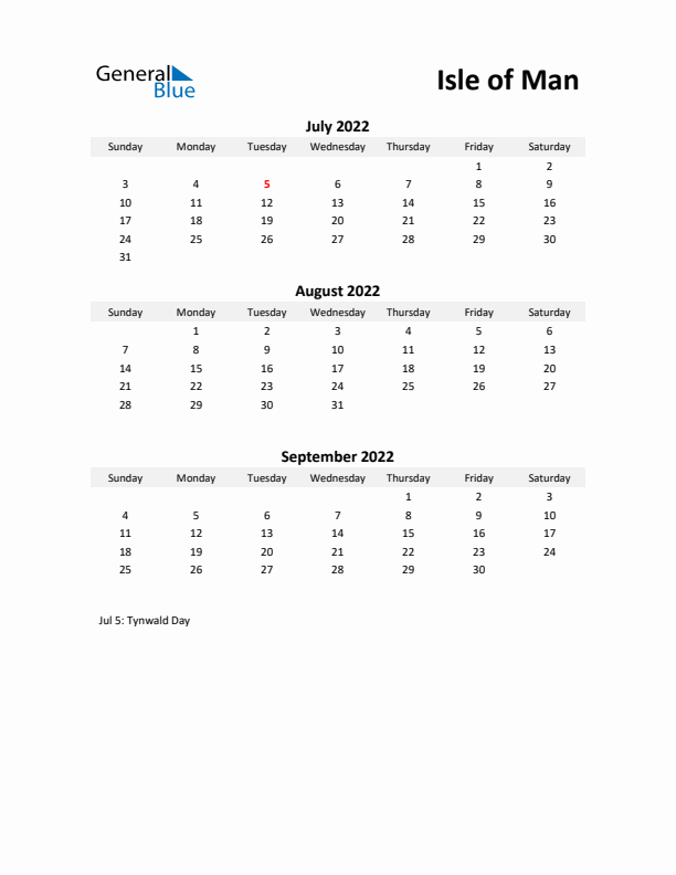 Printable Quarterly Calendar with Notes and Isle of Man Holidays- Q3 of 2022