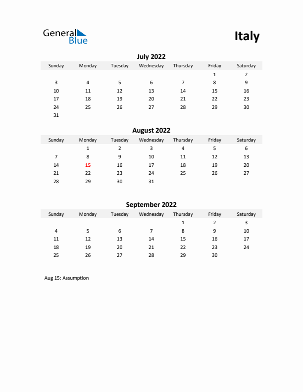 Printable Quarterly Calendar with Notes and Italy Holidays- Q3 of 2022