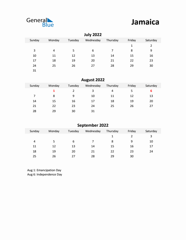 Printable Quarterly Calendar with Notes and Jamaica Holidays- Q3 of 2022