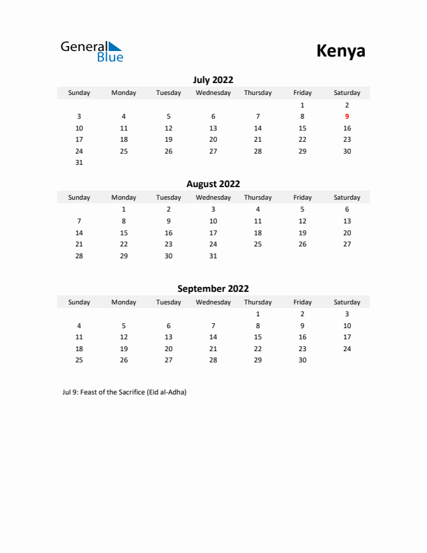 Printable Quarterly Calendar with Notes and Kenya Holidays- Q3 of 2022