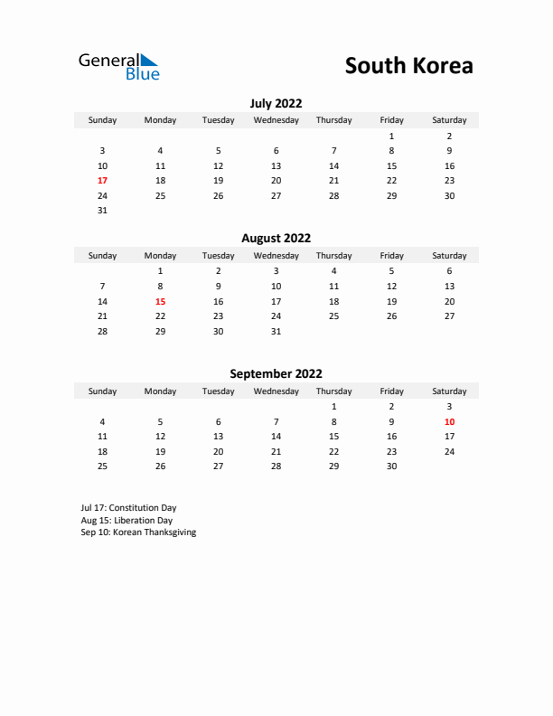 Printable Quarterly Calendar with Notes and South Korea Holidays- Q3 of 2022