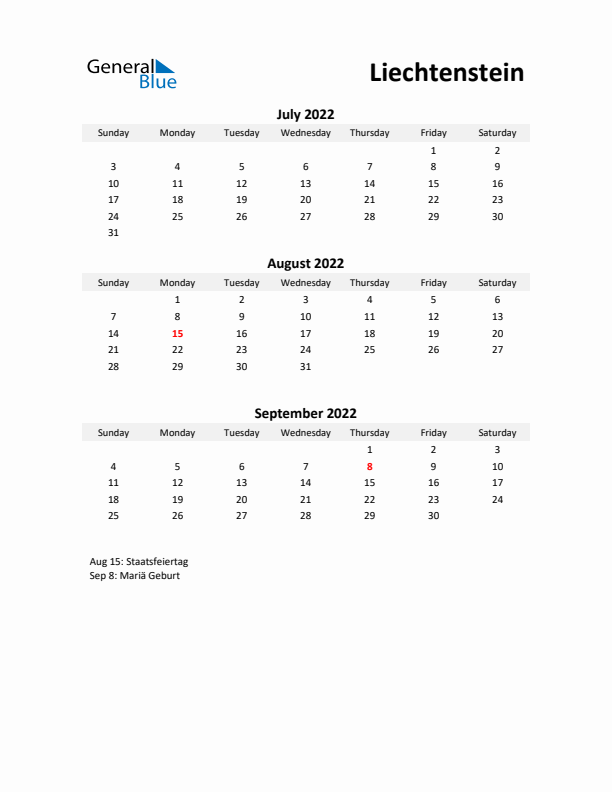 Printable Quarterly Calendar with Notes and Liechtenstein Holidays- Q3 of 2022