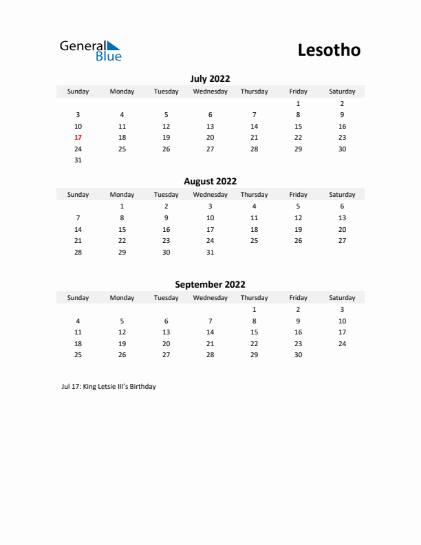 Printable Quarterly Calendar with Notes and Lesotho Holidays- Q3 of 2022