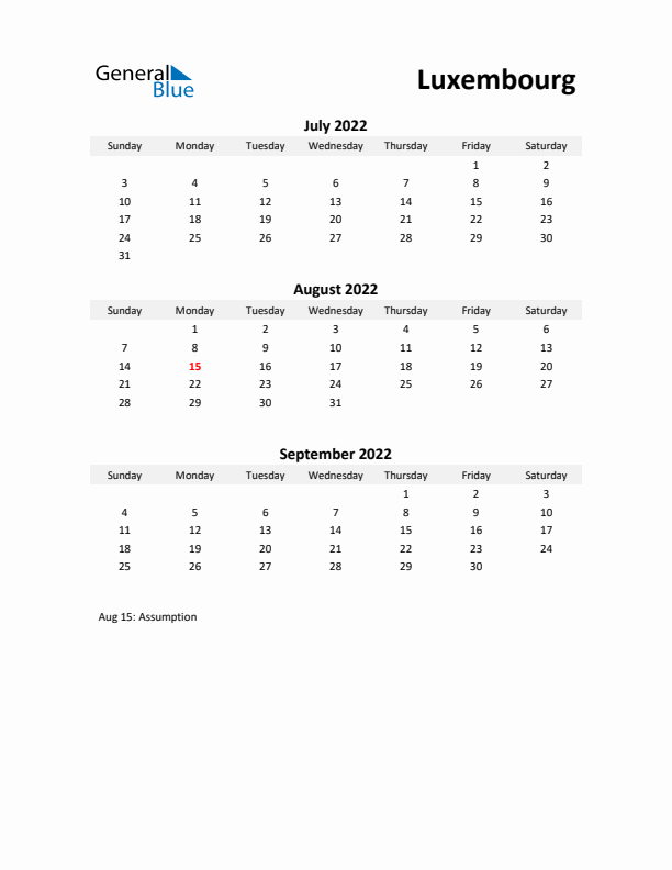 Printable Quarterly Calendar with Notes and Luxembourg Holidays- Q3 of 2022