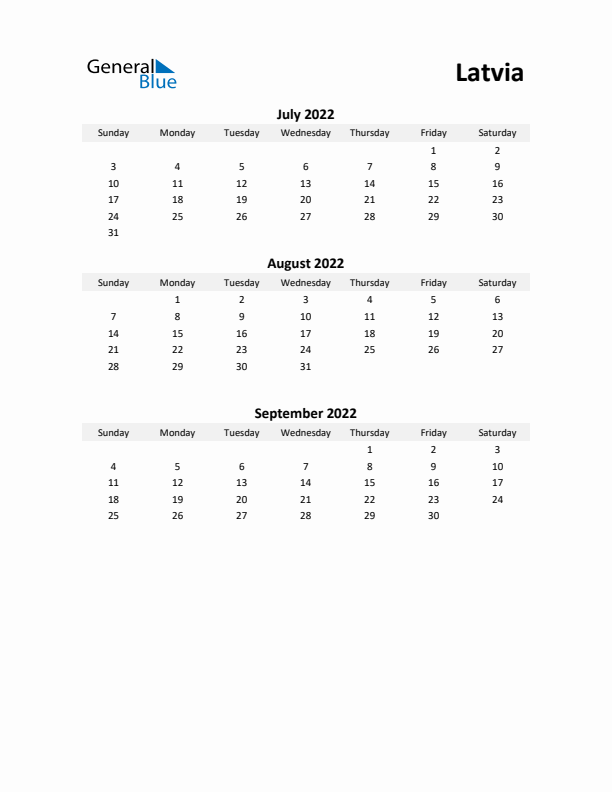 Printable Quarterly Calendar with Notes and Latvia Holidays- Q3 of 2022