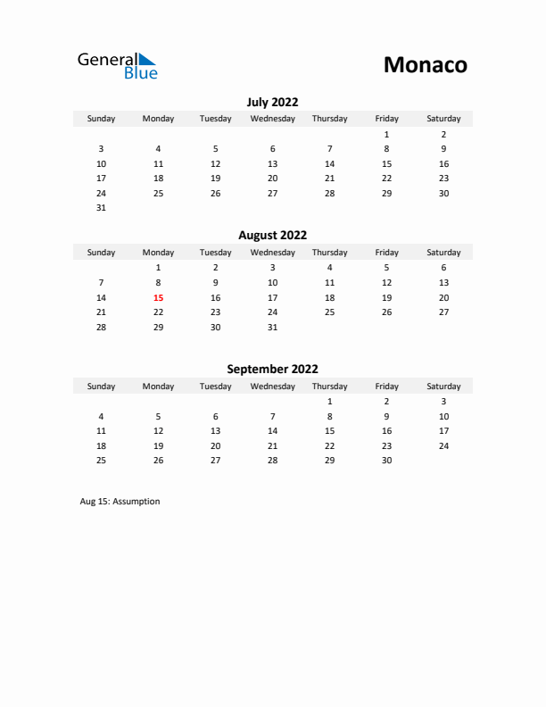 Printable Quarterly Calendar with Notes and Monaco Holidays- Q3 of 2022