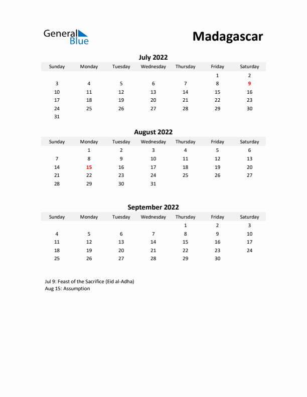 Printable Quarterly Calendar with Notes and Madagascar Holidays- Q3 of 2022