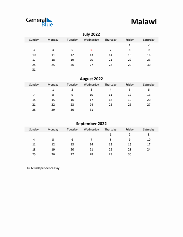 Printable Quarterly Calendar with Notes and Malawi Holidays- Q3 of 2022