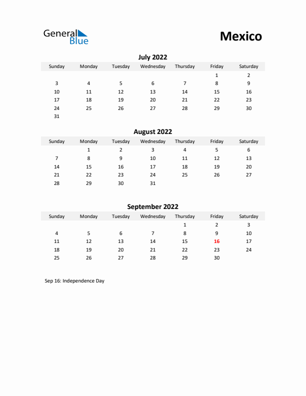 Printable Quarterly Calendar with Notes and Mexico Holidays- Q3 of 2022