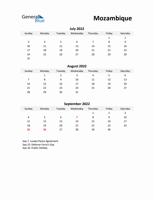 Printable Quarterly Calendar with Notes and Mozambique Holidays- Q3 of 2022