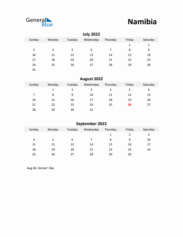 Printable Quarterly Calendar with Notes and Namibia Holidays- Q3 of 2022