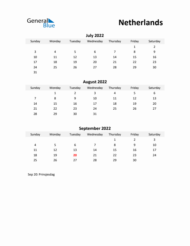 Printable Quarterly Calendar with Notes and The Netherlands Holidays- Q3 of 2022